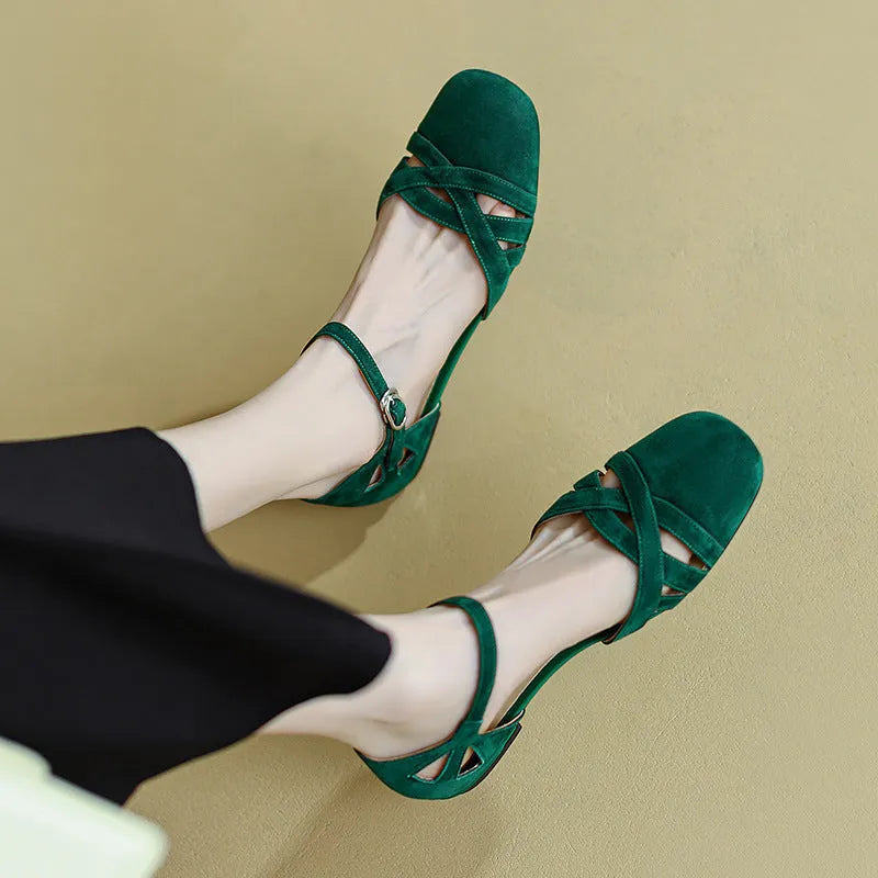 French style classic retro Roman sandals with buckle fastening in apricot colour