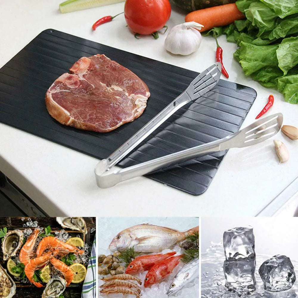 Black aluminium fast defrost tray for thawing frozen meat and food quickly without electricity.