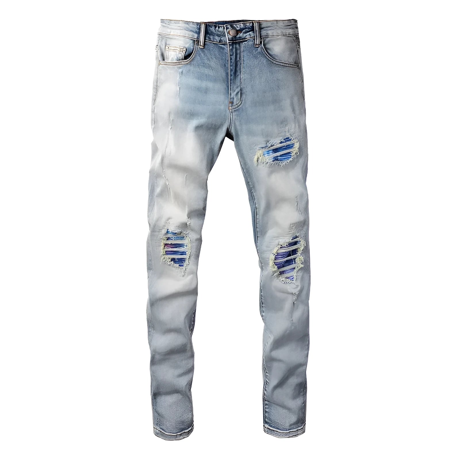 Distressed cat beard patch ripped stretch denim jeans for youth, mid rise, straight leg, cotton, sizes 28 to 40