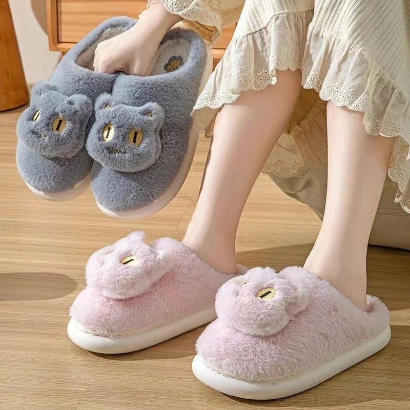 Cotton cat slippers with memory foam insole in black, white, gray, and pink