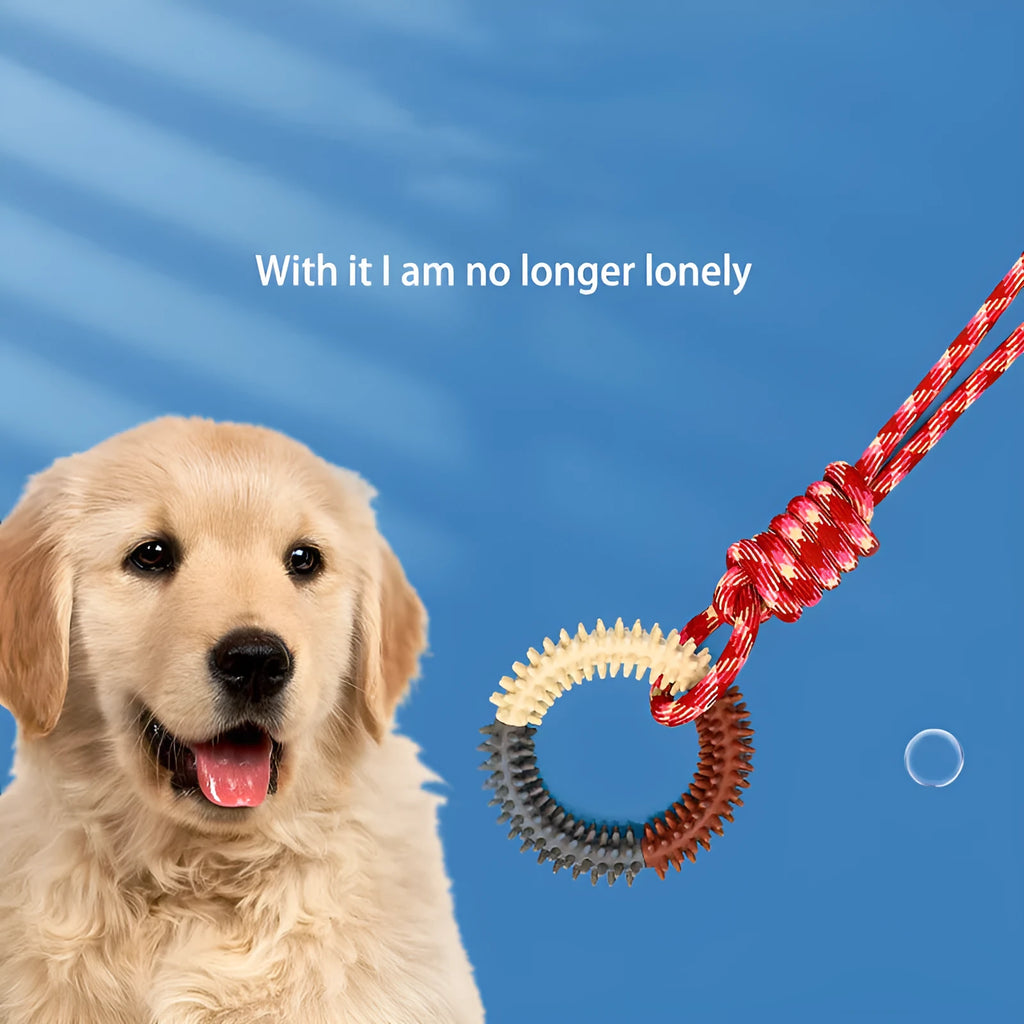 Blue braided rope dog chew toy with knots measuring 43cm length