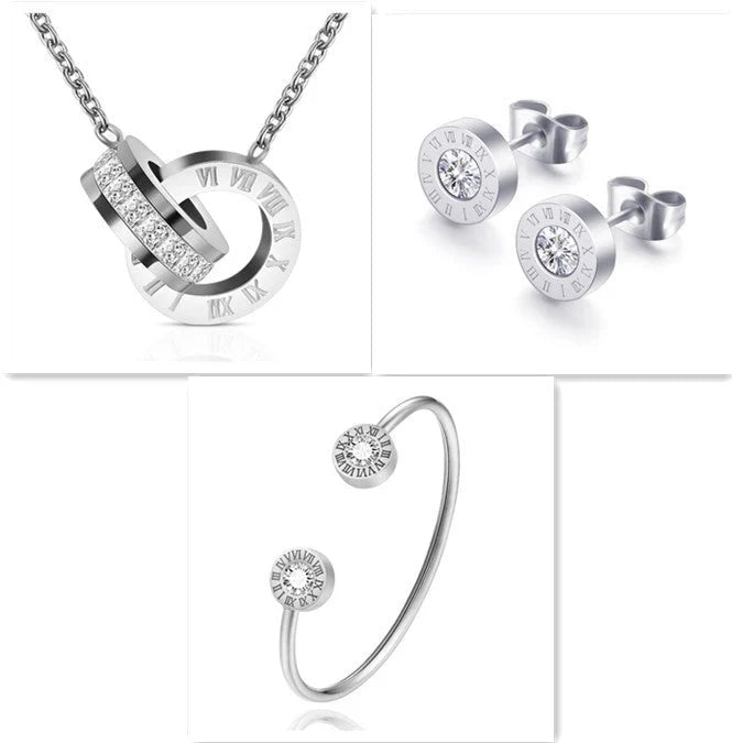 Roman Numerals and Diamond Stud Earrings in titanium steel with gold-plated finishes