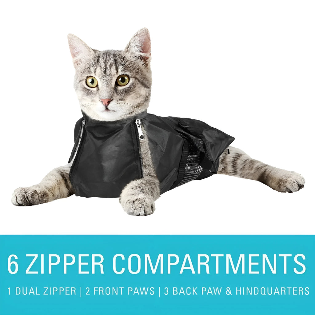 Black cat bath bag for grooming and veterinary care with folding capability