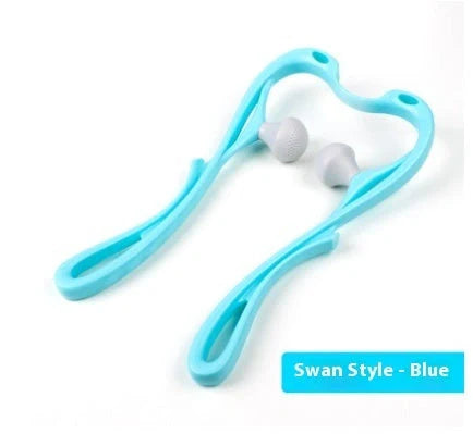 Six-wheel neck massager in blue and pink with 360° rolling balls for muscle relief
