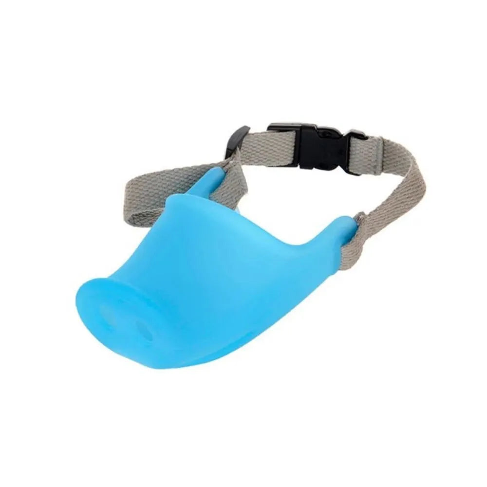 Blue silicone dog anti-bite mouth cover showing measurements for large and small sizing options