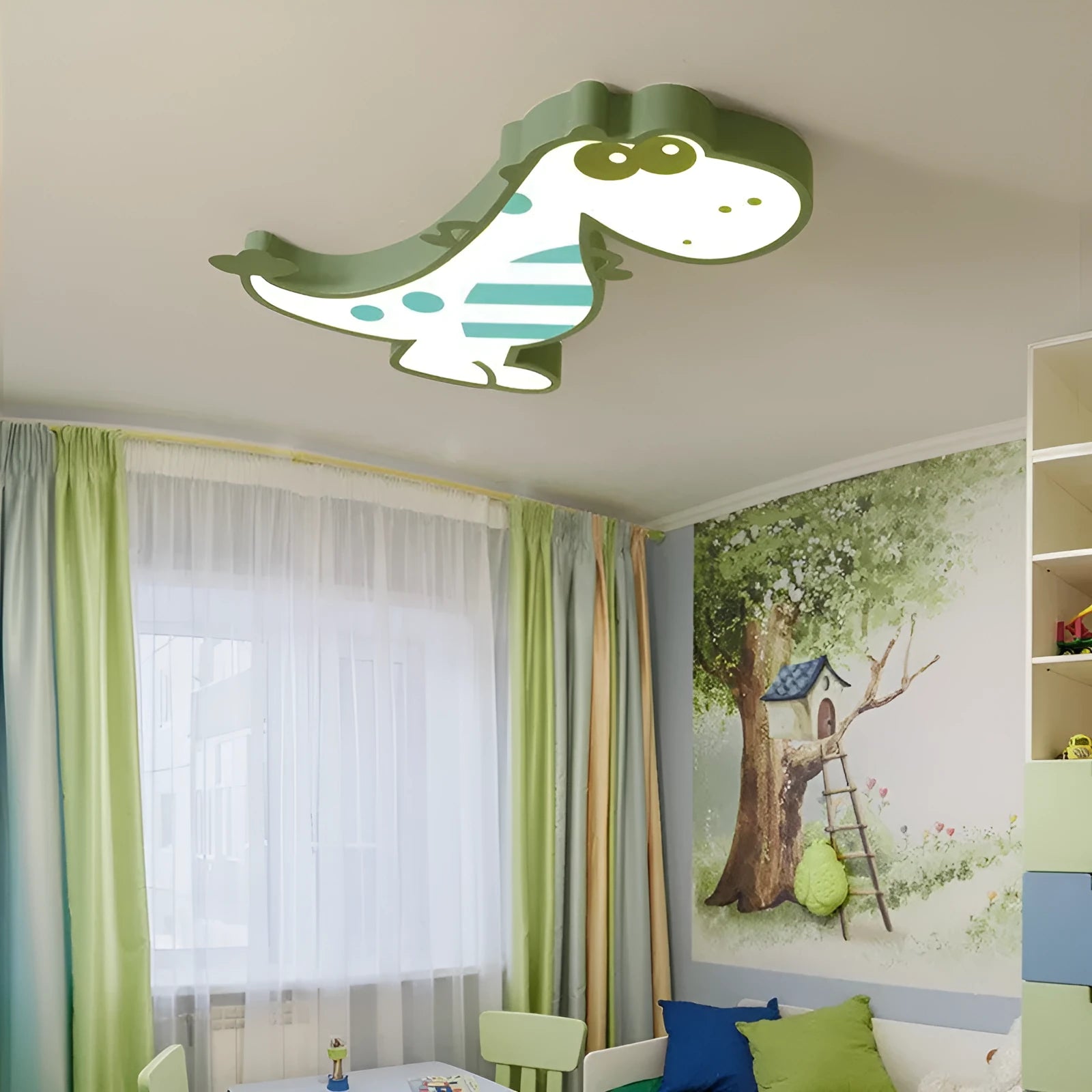 Cartoon dinosaur design ceiling light with PVC shade on aluminium base, 48cm diameter.