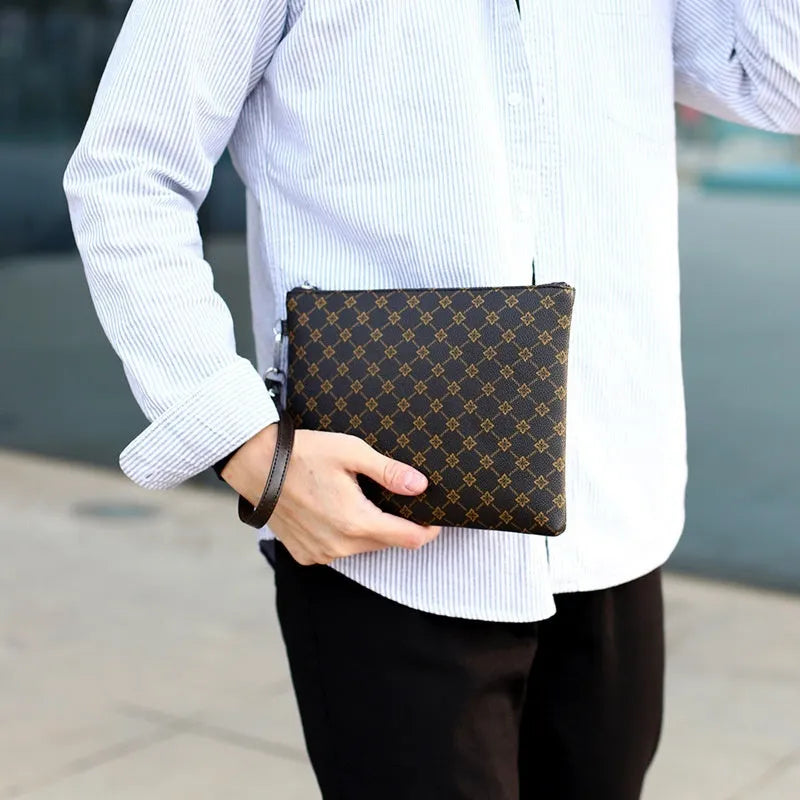 Men's clutch bag in gingham check pattern with soft PU leather, horizontal square shape, and shoulder strap