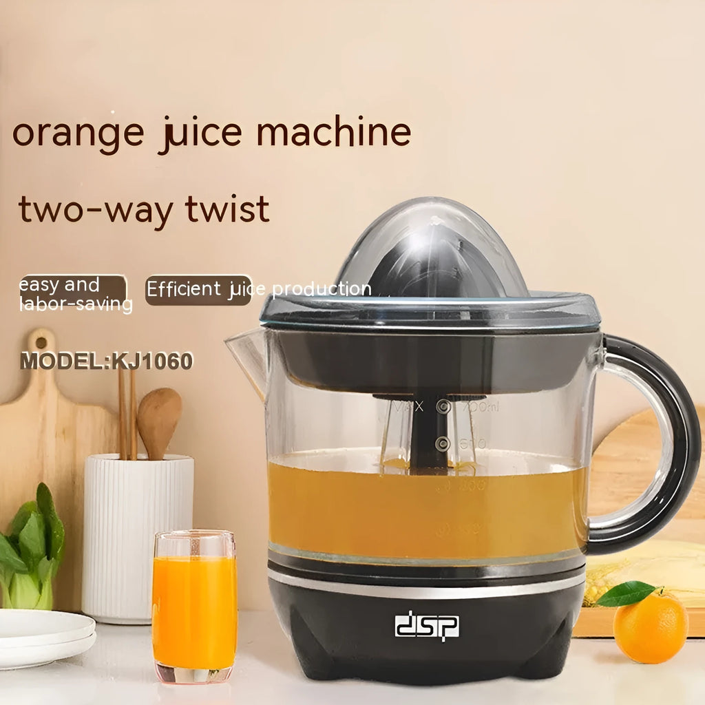 Black manual orange juice extrusion juicer with 0.7L capacity and ABS construction on a kitchen counter