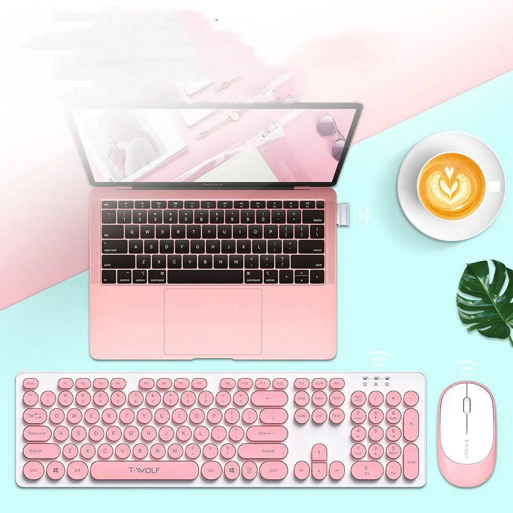 TF770 wireless keyboard and mouse set in light green with slim keyboard and compact mouse on a desk