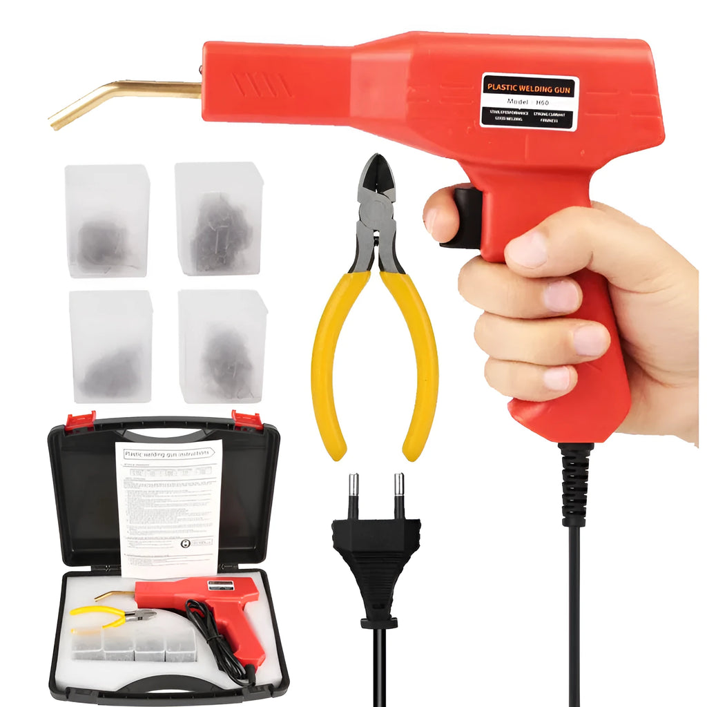 Red plastic welding gun for car bumper repair with pure copper transformer, nails, and pliers knife in black plastic box