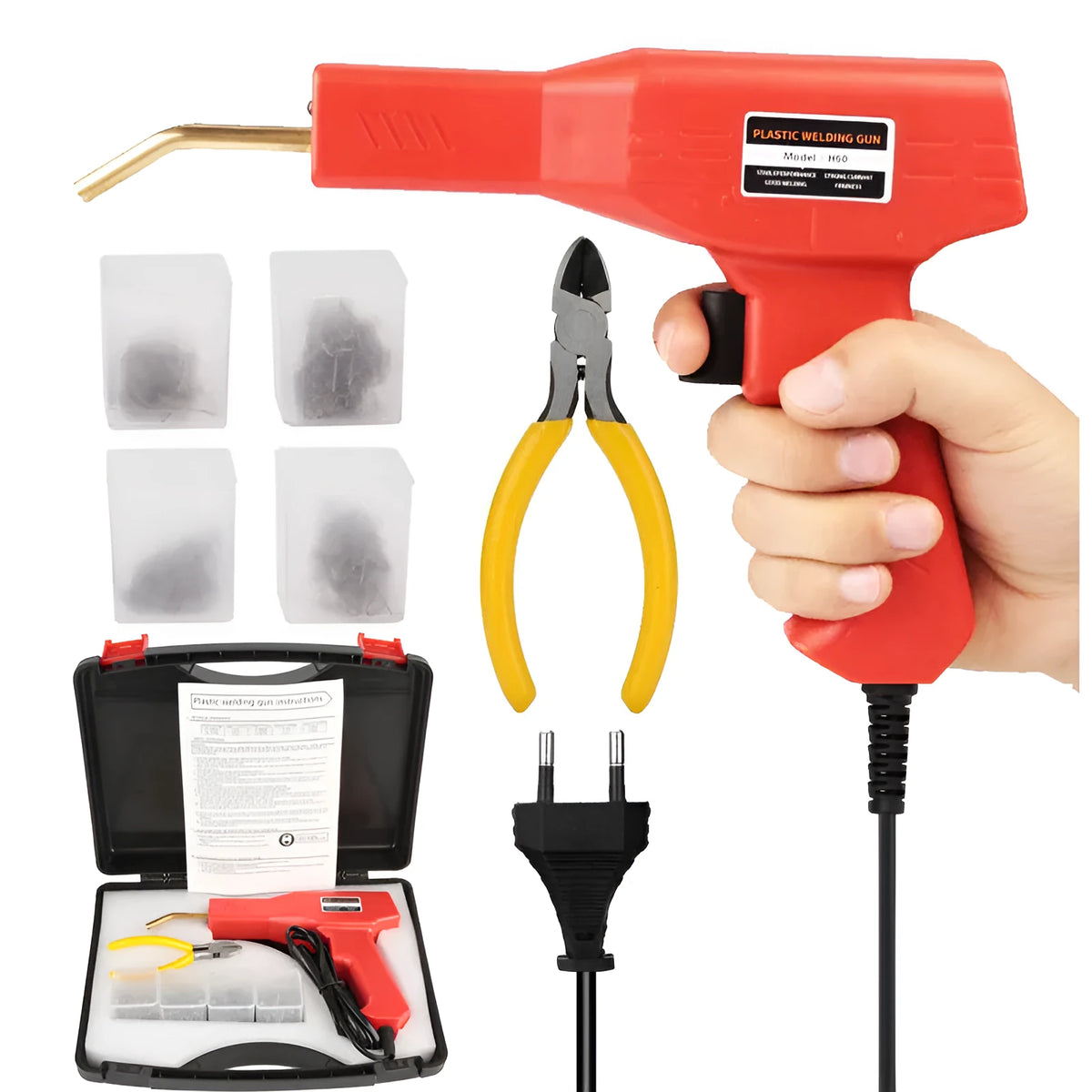 Red plastic welding gun for car bumper repair with pure copper transformer, nails, and pliers knife in black plastic box