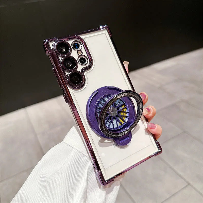Samsung S23 phone case with electroplated finish, rotating gyro bracket, and magnetic suction in cool black colour