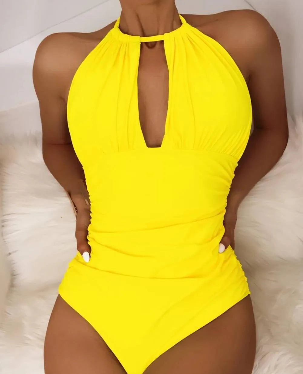 Women's solid colour one-piece polyester swimsuit in black, front view, sizes S-XL