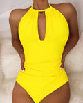 Women's solid colour one-piece polyester swimsuit in black, front view, sizes S-XL