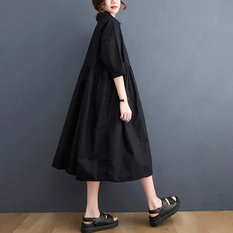 Women's linen casual loose fit short sleeve dress with POLO collar in white and black