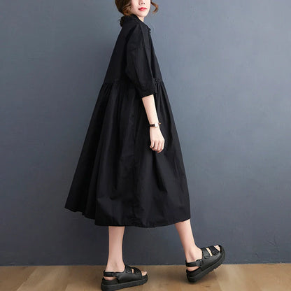 Women's linen casual loose fit short sleeve dress with POLO collar in white and black