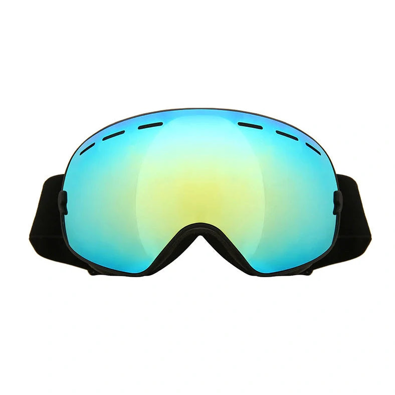Double-layer TPU ski goggles with coated spherical mirror showing red film option and adjustable strap