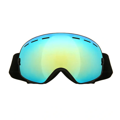 Double-layer TPU ski goggles with coated spherical mirror showing red film option and adjustable strap