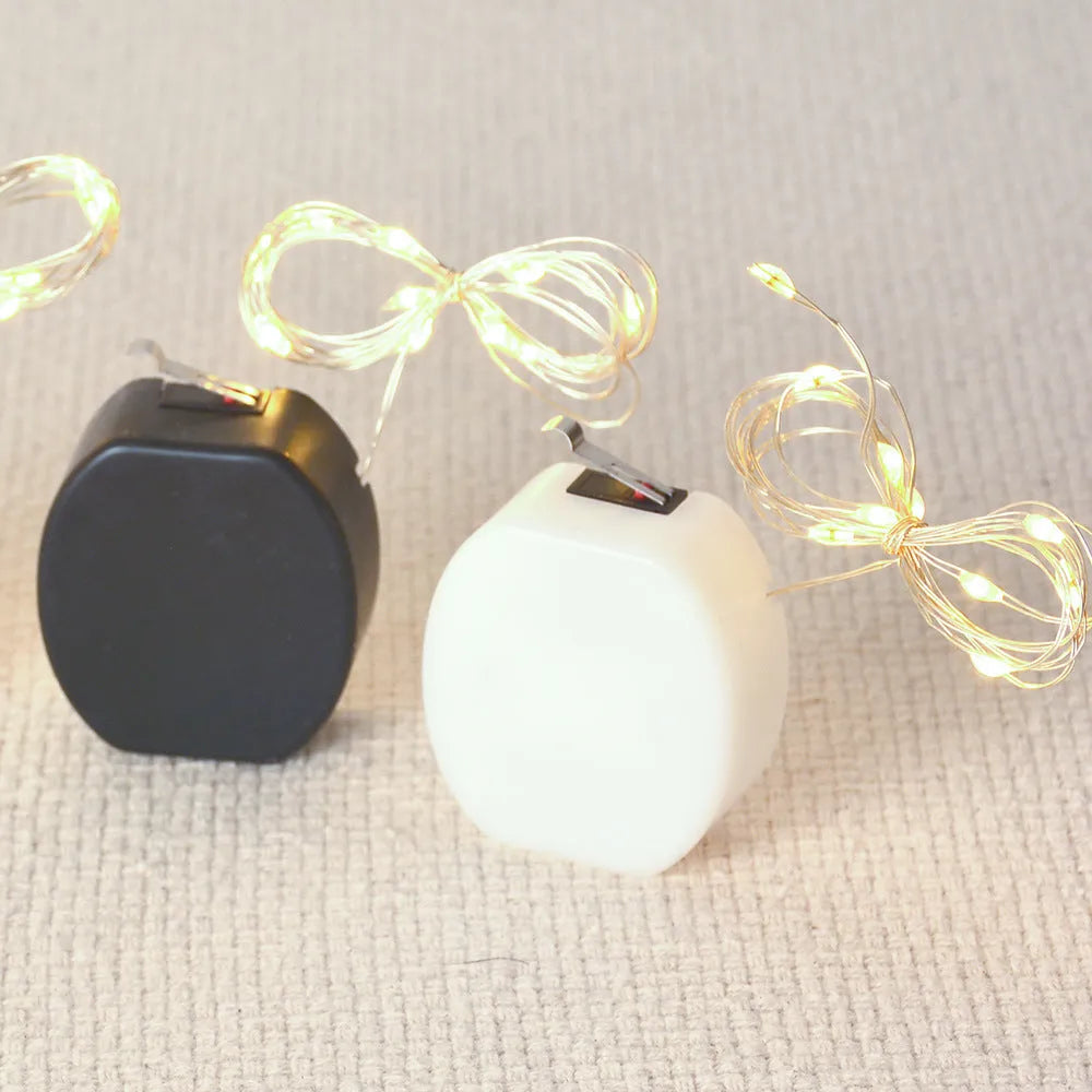 LED button light string with copper wire and battery box showing 20 lights along 2 metre length