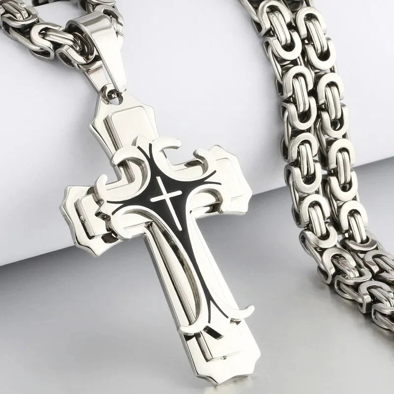 Men's Christian Trinity Latin Cross Necklace in stainless steel with three layers