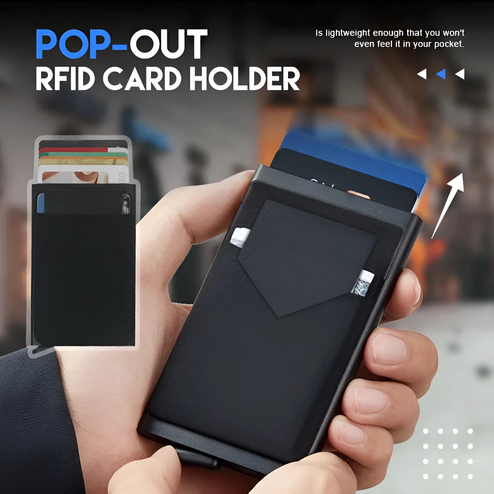 Frosted aluminium metal credit card holder in multiple colours showing slim profile.