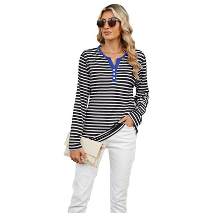 Women's V-neck striped loose long-sleeved t-shirt in various colours