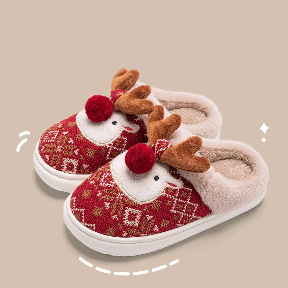 Cozy Christmas elk-themed plush slippers with non-slip soles for comfortable indoor and outdoor wear