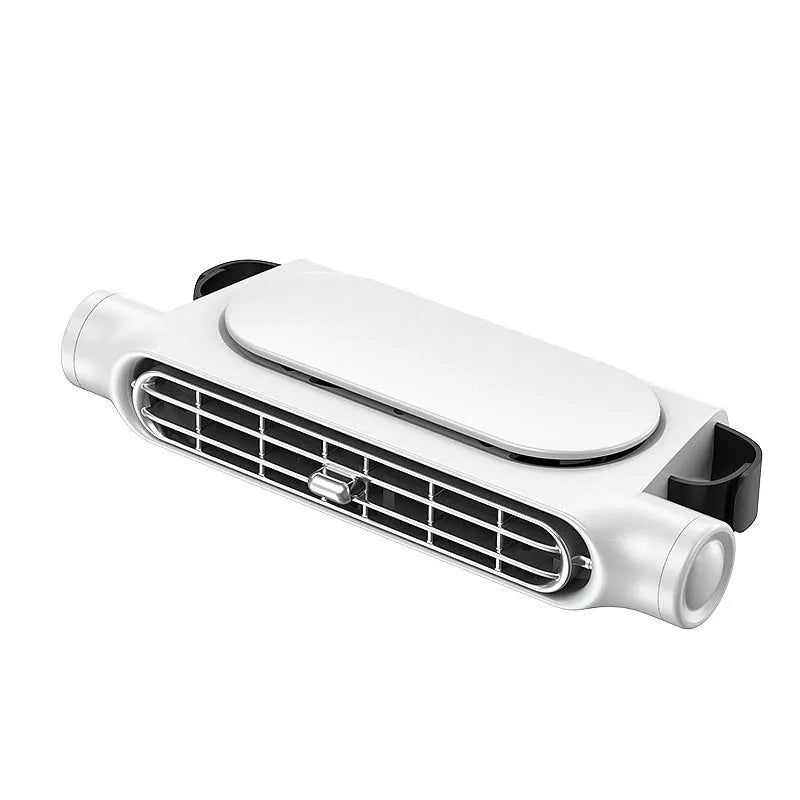 USB plug-in car cooling fan with Velcro straps in black, white, and beige colour options.