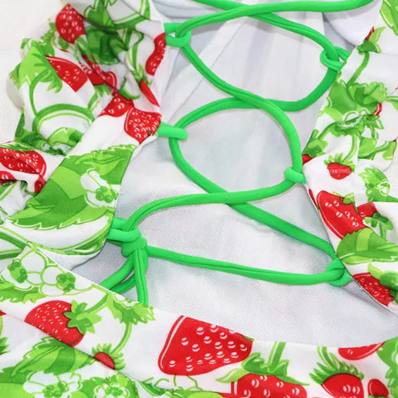 Women's cross-strap backless strawberry print one-piece swimsuit with push-up construction