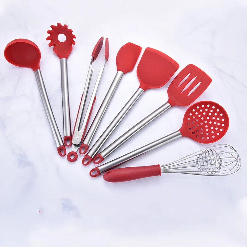 Versatile Silicone Kitchenware Set with Stainless Steel Handles - Includes Spoon, Spatula, Colander, and More