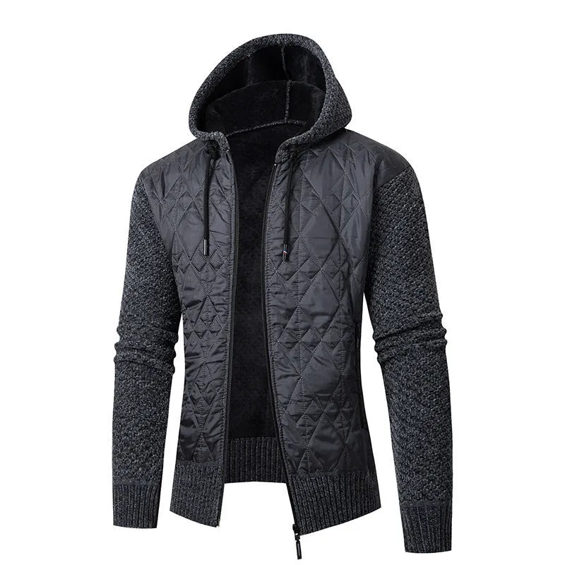 A grey men's hooded cardigan coat with a cinched waist, made from wool-blend corduroy.
