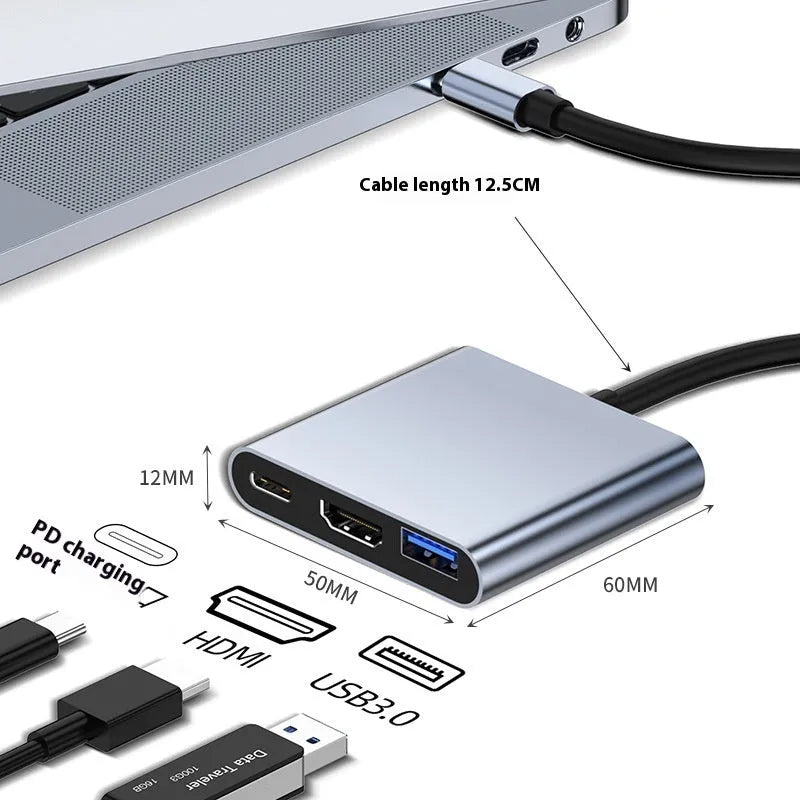 Type-C 7-in-1 expansion dock with HDMI port, USB ports, and a 15cm cable connected to a laptop.