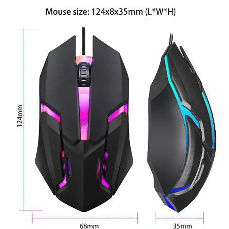 Wired USB mouse with colourful breathing light and 1.2-metre cable on a desk