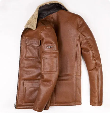 Champagne sheepskin trench coat with lapel collar and multiple pockets, slim fit midi length