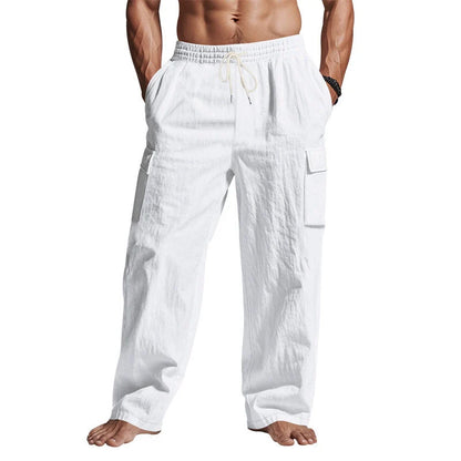 Men's multi-pocket linen pants in various colours