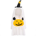 White pumpkin ghost costume suit for a dog on a mannequin, showing the full one-piece design.