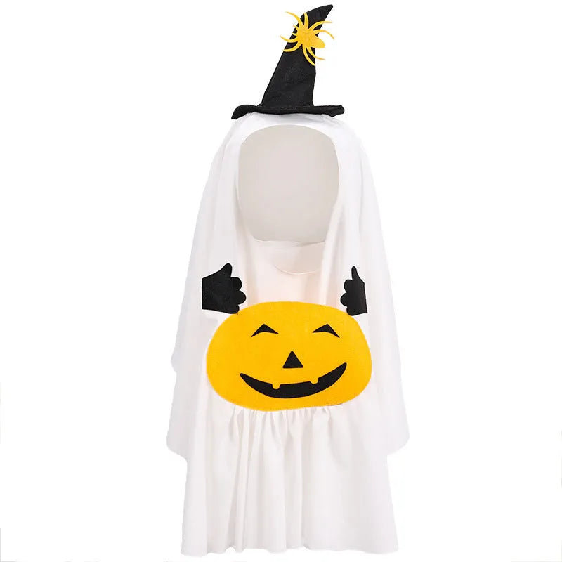 White pumpkin ghost costume suit for a dog on a mannequin, showing the full one-piece design.