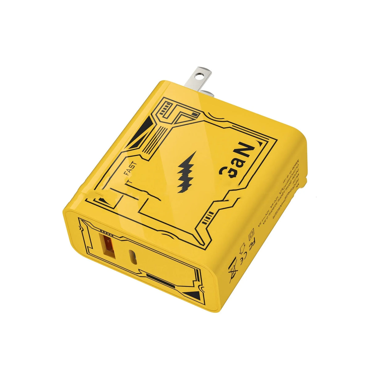 Yellow 25W fast charging plug Machine Crustacean with QC3.0 and PD25W support for American and European sockets