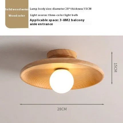 Solid wood ceiling lamp with glass shade in minimalist circular design