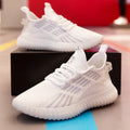 Men's breathable flying fabric sports shoes in black, white and khaki with mesh construction