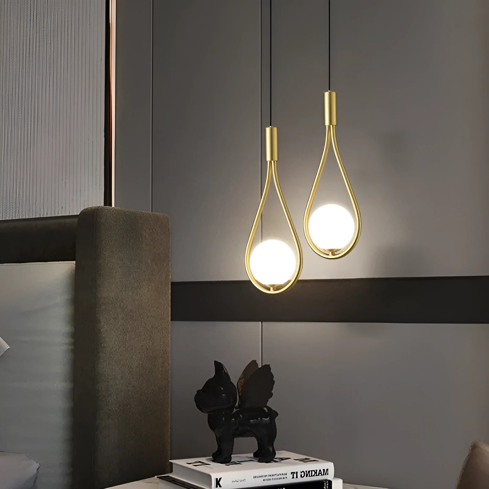 Copper modern minimalist bedside chandelier with choice of three cover colours for bedroom lighting