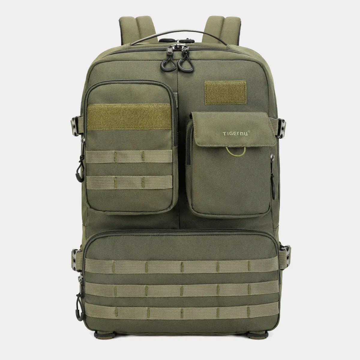 Army green tactical backpack with waterproof nylon construction showing front compartments
