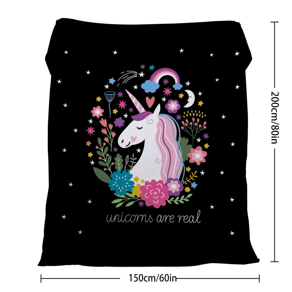 Soft flannel unicorn pattern blanket on black base, 75x100cm throw for sofa or outdoor use