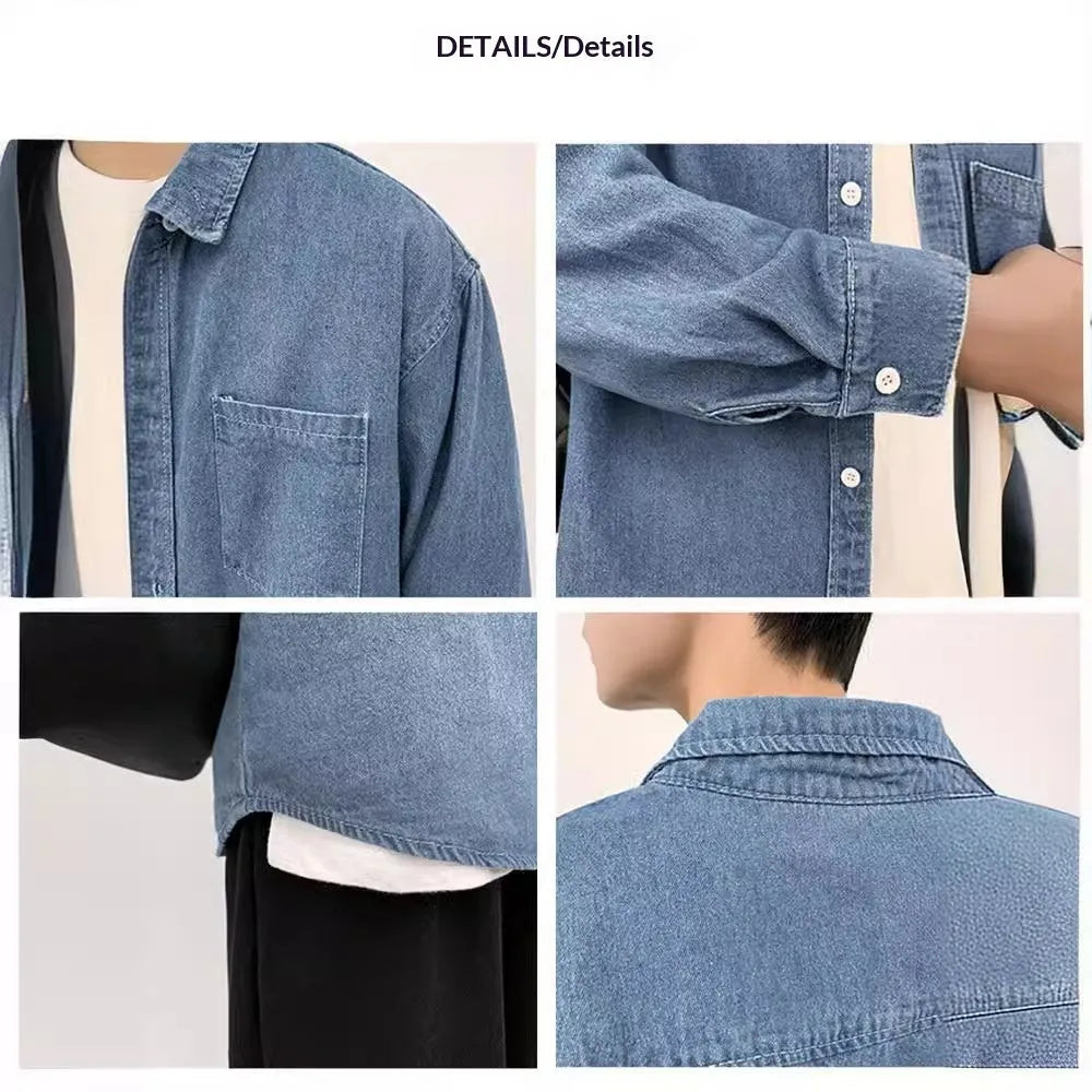 Men's pure cotton long sleeve denim shirt in dark blue, loose cardigan style, front view