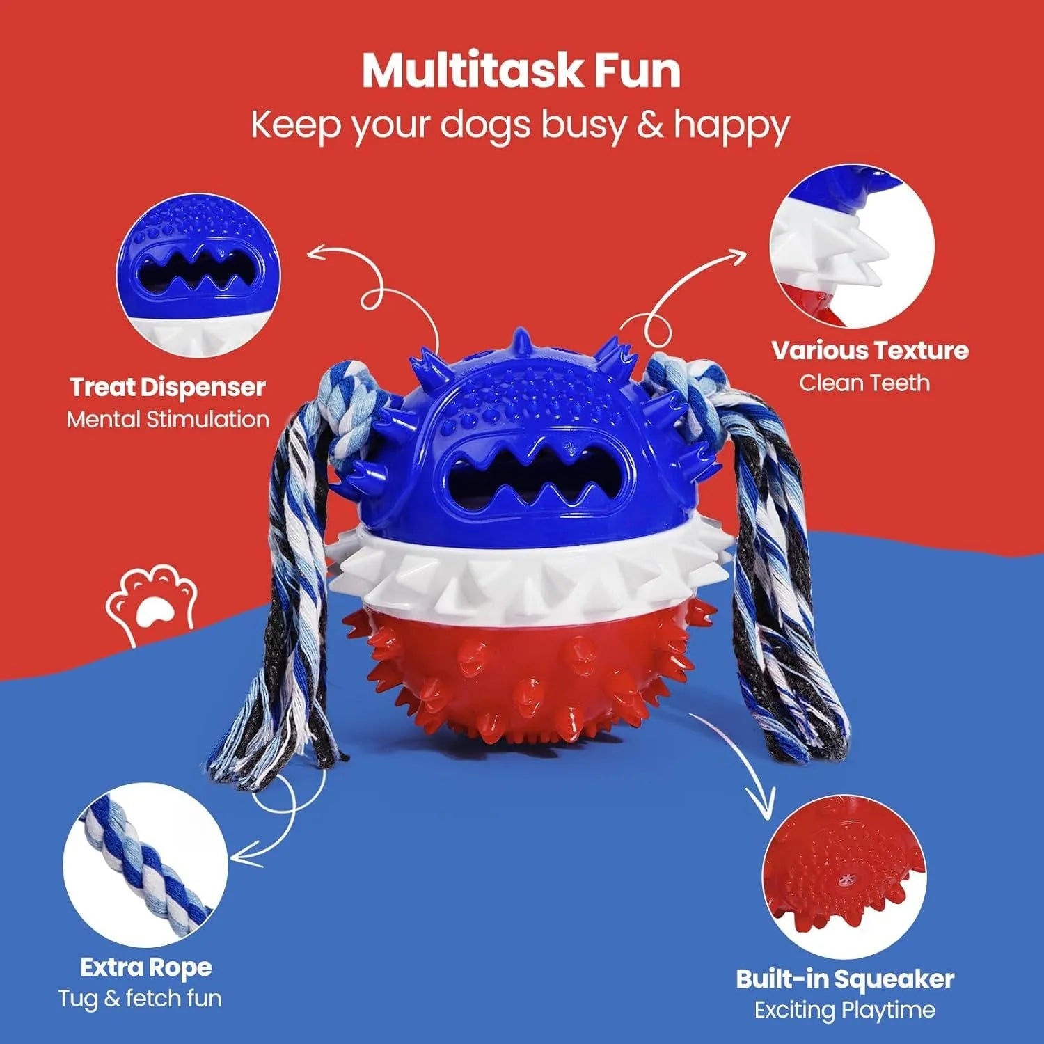 Blue and red ball-shaped dog chew toy with rope and treat hole for aggressive chewers.