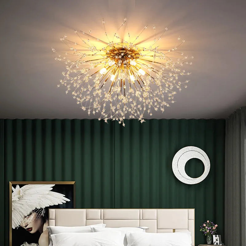 Wrought iron ceiling lamp with chrome finish and round crystal shade 40cm diameter LED bedroom light