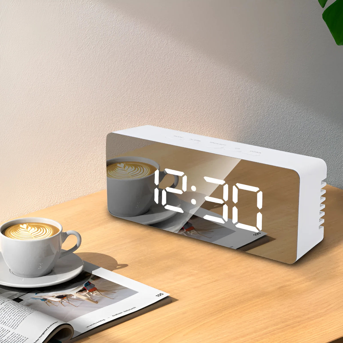 LED digital mirror desktop alarm clock with plastic shell, USB power, and mirror surface for grooming