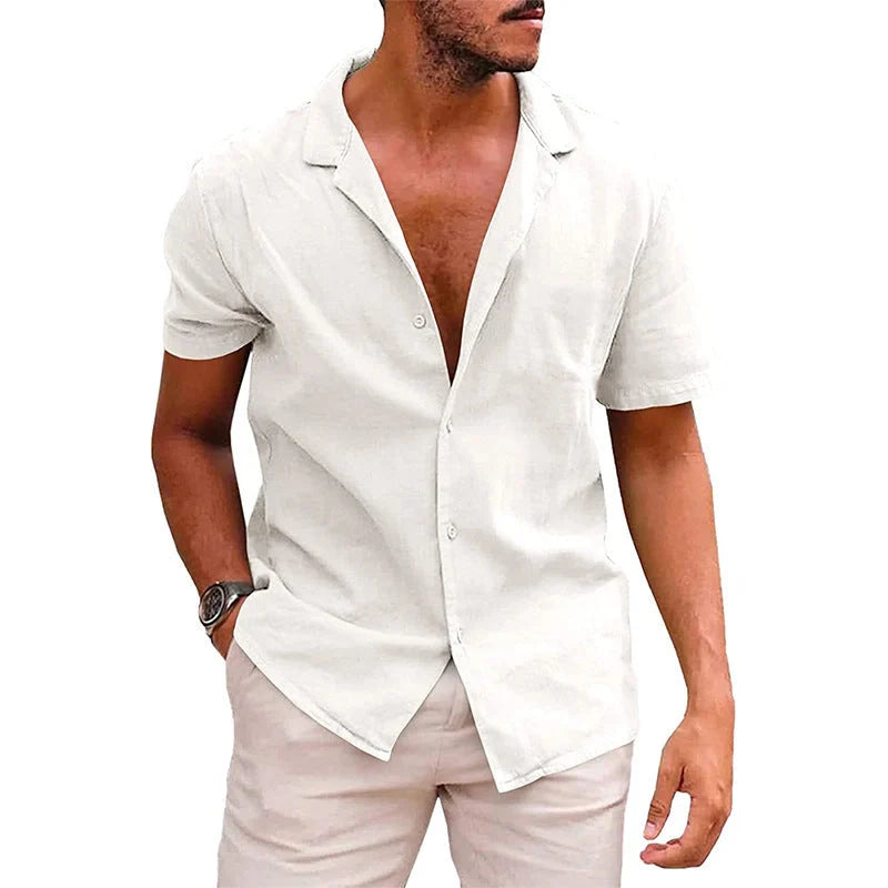 Men's linen-cotton blend short sleeve summer shirt in various colours