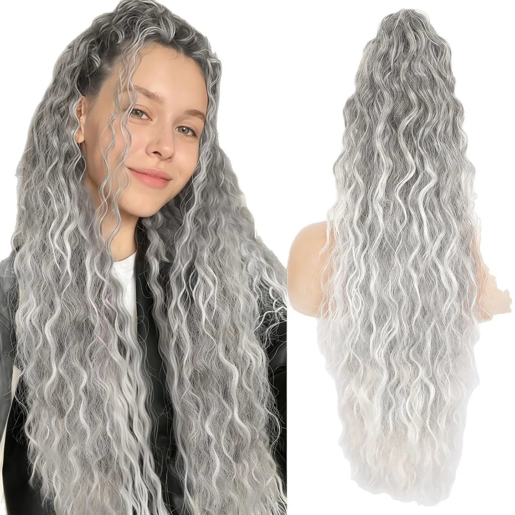 Fluffy long curly 30 inch grip ponytail wig in synthetic high temperature fibre