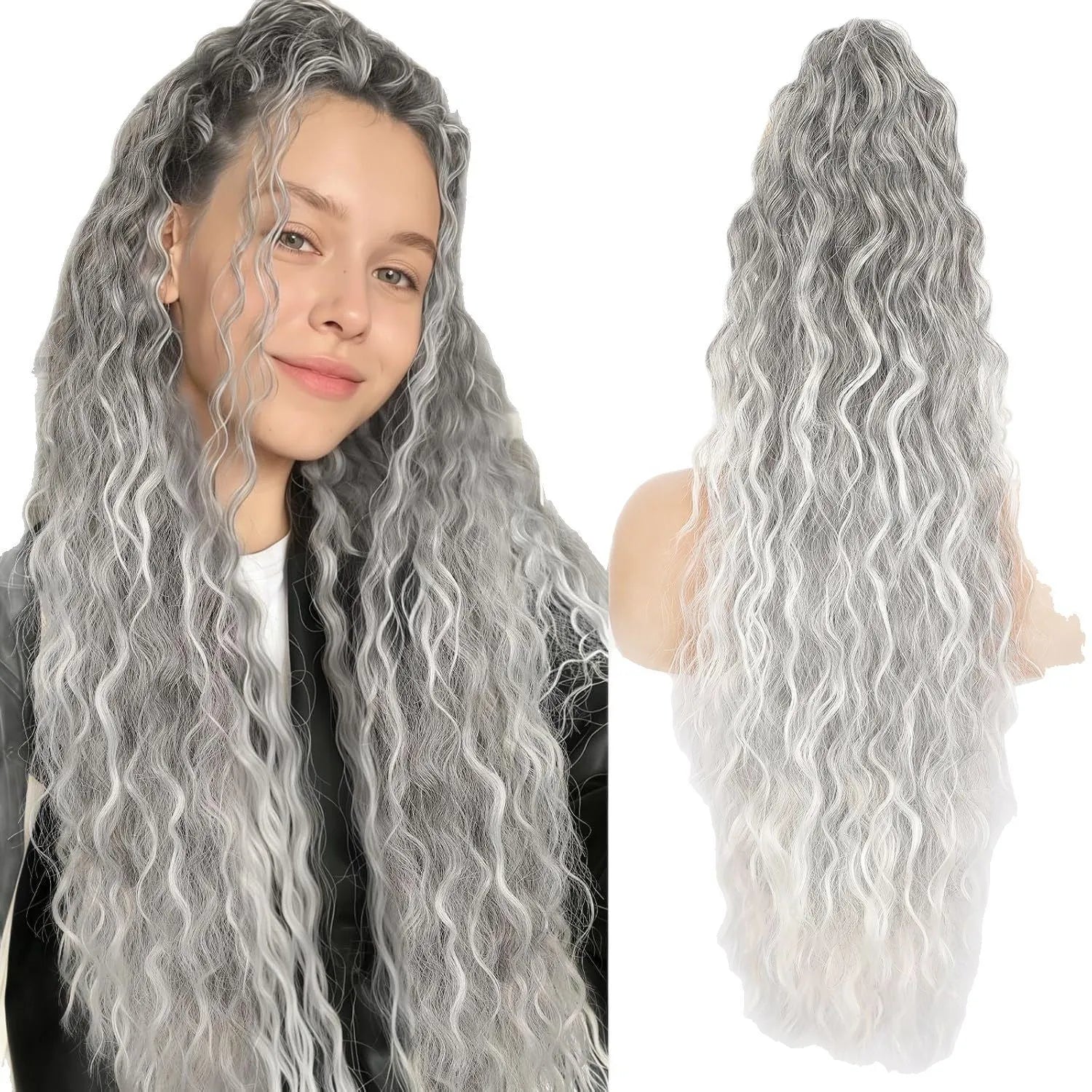 Fluffy long curly 30 inch grip ponytail wig in synthetic high temperature fibre